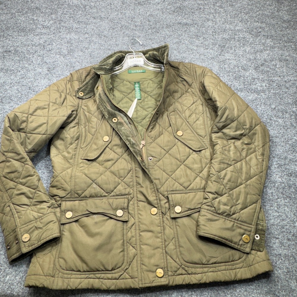 Lauren Ralph Lauren Quilted Barn Jacket Womens Medium Olive Green Corduroy Trim